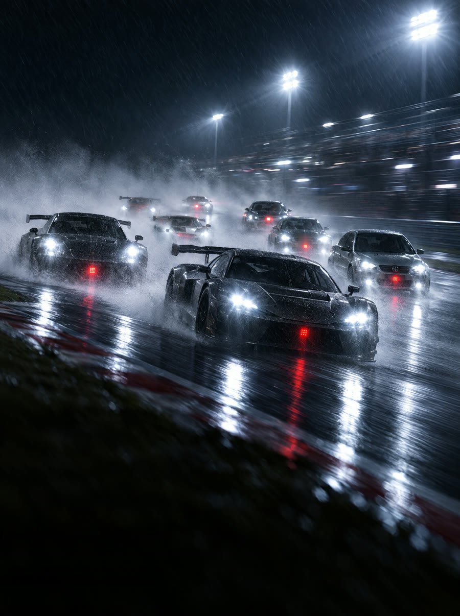 A pack of race cars throwing up spray through a corner at night in the rain