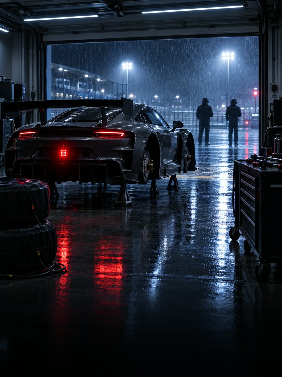 A race car on stands in a team garage opening onto a wet pit lane at night