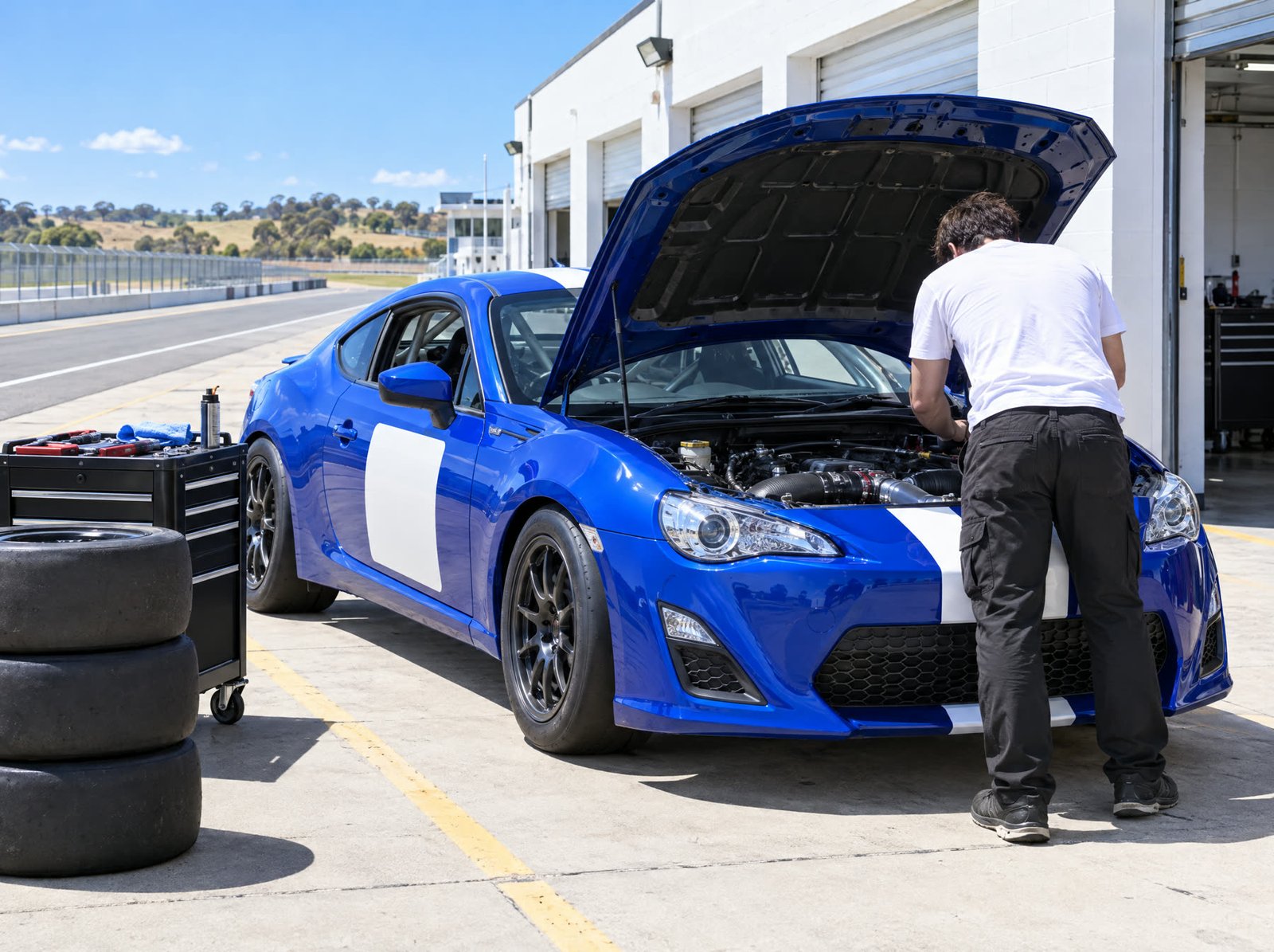 A crew member working under the open bonnet of the 86 in a sunny pit lane, tyres stacked beside the car