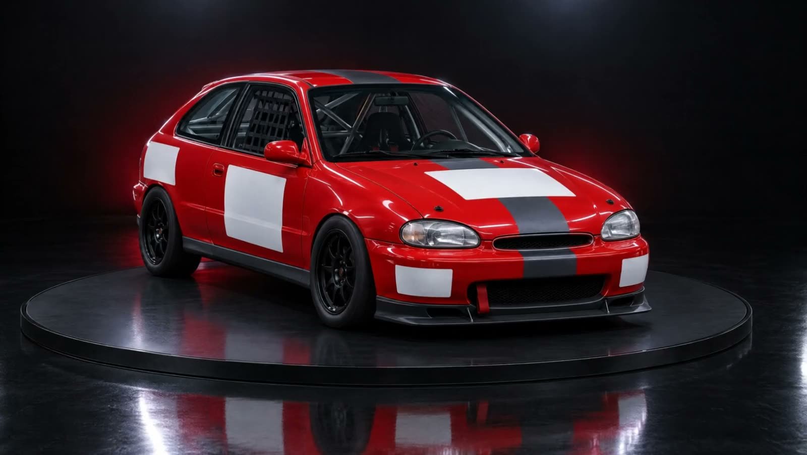 A red demo Hyundai Excel club race car with blank white sponsor panels